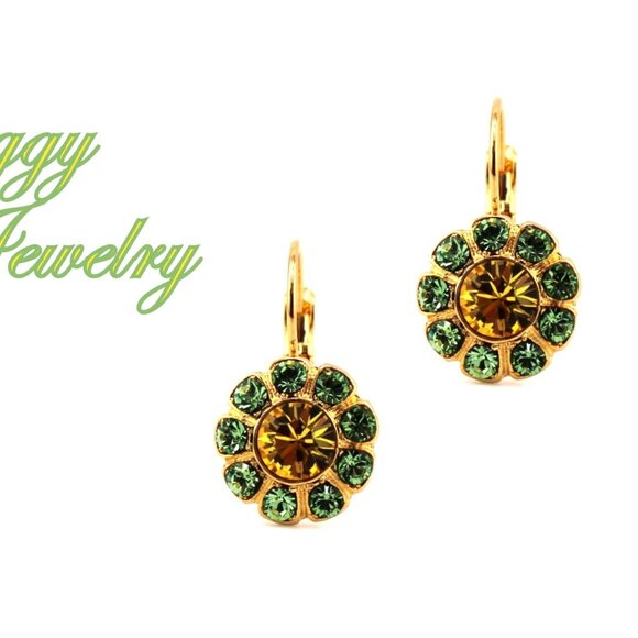 Austrian Crystal Daisy Flower Earrings, Light Topaz and Peridot Green Floral - Picture 1 of 5